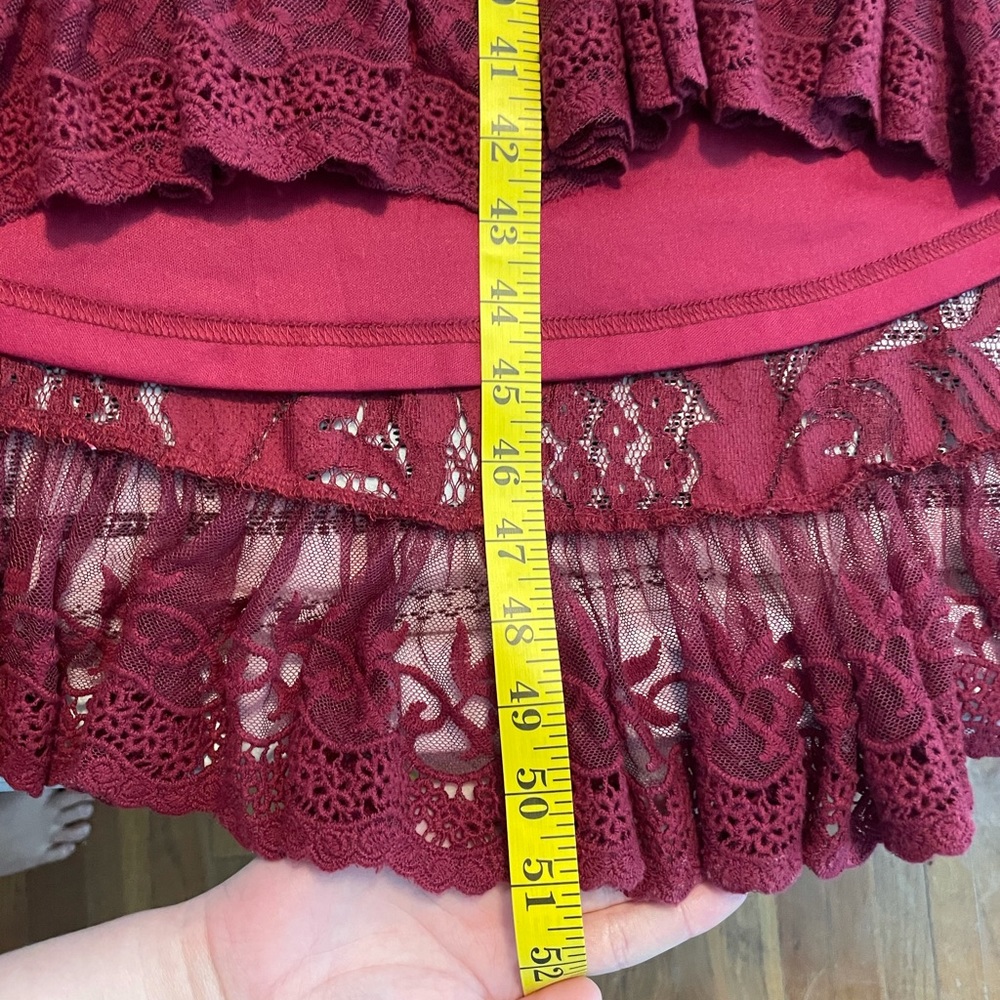 Dainty Jewell Women's Burgundy Lace Midi Dress with Ruffle Hem - Picture 9 of 12